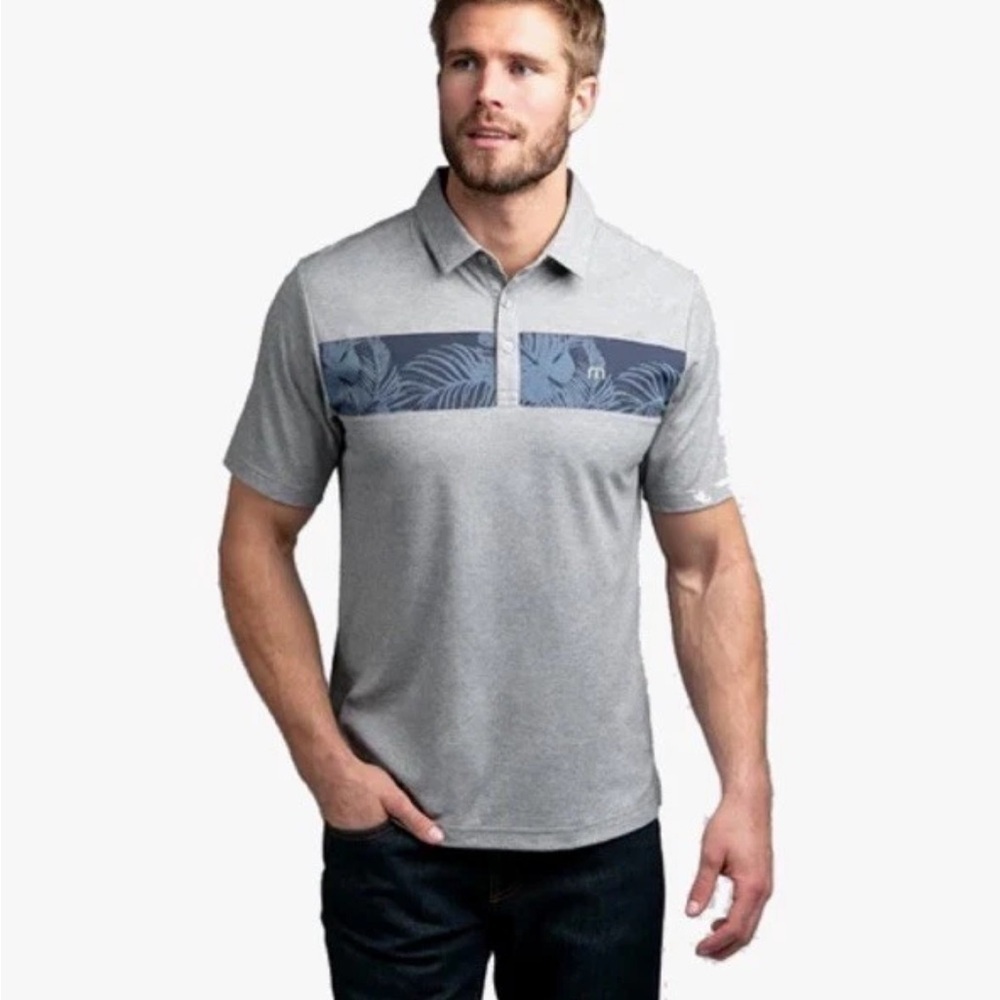 Travis Mathew Polo Shirt Hawaiian Palm Stripe Gray Blue Golf Performance Sz 2XL